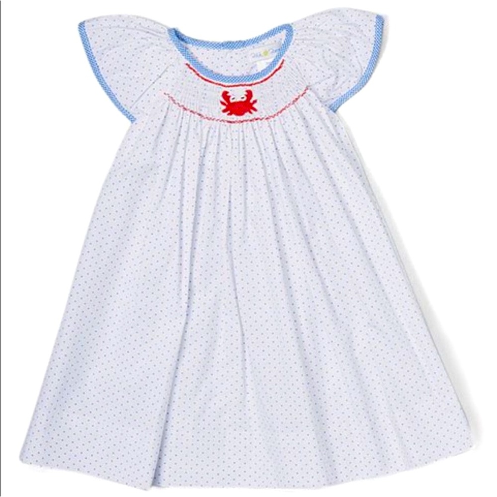 Petit Pomme Girls Ruffle Sleeve Polka Dot Crab Nautical Summer Smock Dress- 4T